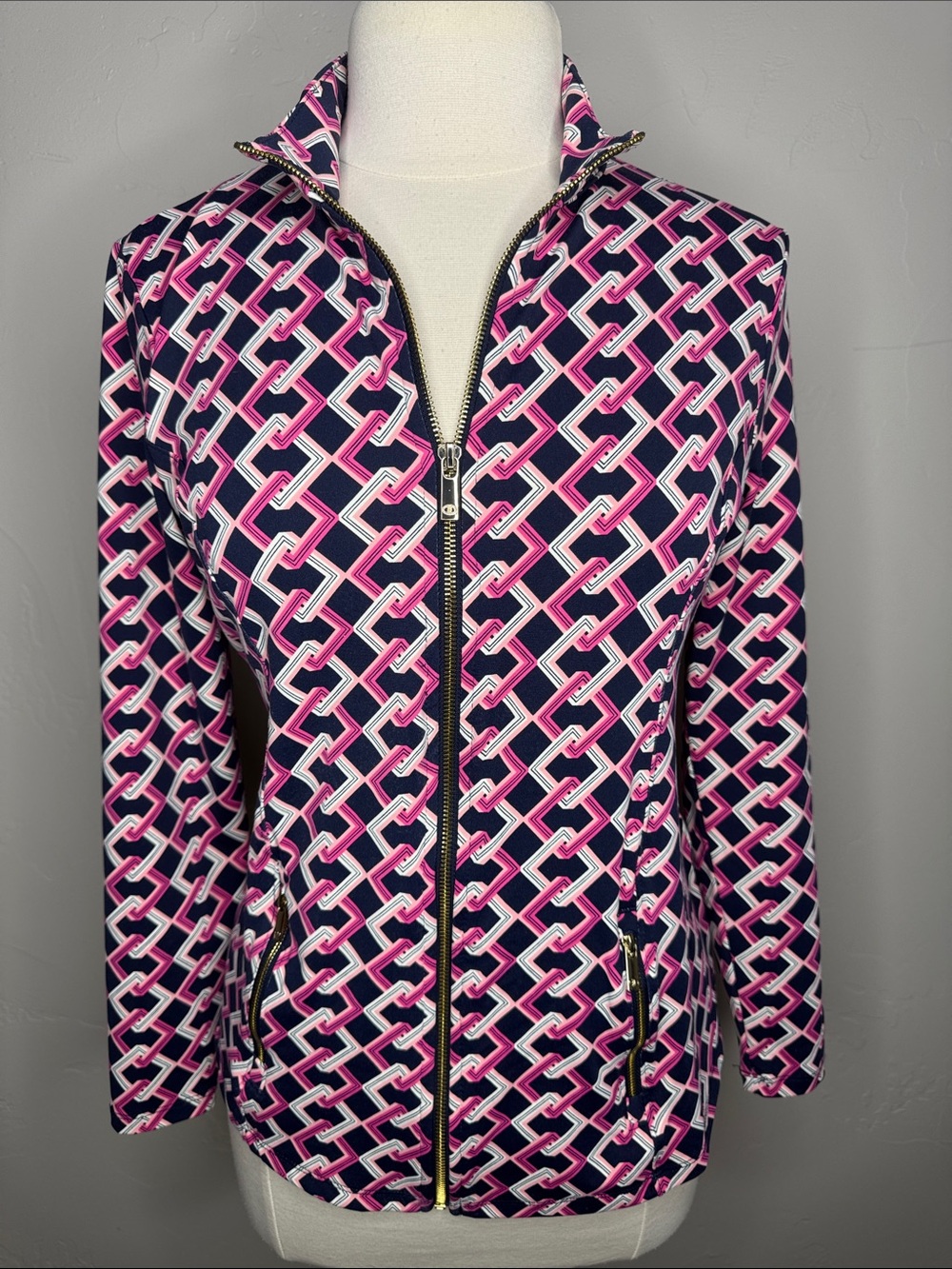 Charter Club Pink & Navy Geometric Zip-Up Activewear Jacket with Gold Hardware